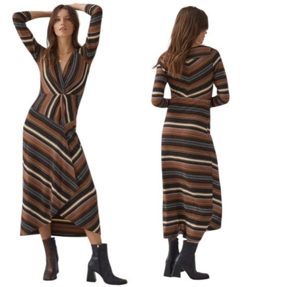 Anthropologie Brown Multi-Stripe Twist-Front Midi Dress